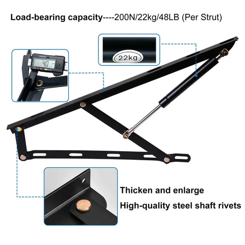 Heavy Duty Hydraulic Bed Lift Mechanism Featuring 48 Pound Gas Springs For Smooth Storage Bed Raising No Sweat Setup Murphy Frame Hardware Kit For Homes, showcasing a sturdy black gas spring with a 22kg load capacity.