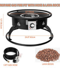 Outdoor Propane Fire Pit 22 Inch Smokeless Portable Fireplace With 12 Foot Hose And Lava Rocks For Patio Backyard Bonfire Camping RV Tailgating Beach Party 55000 BTU, showing fire pit, hose, and lava rocks
