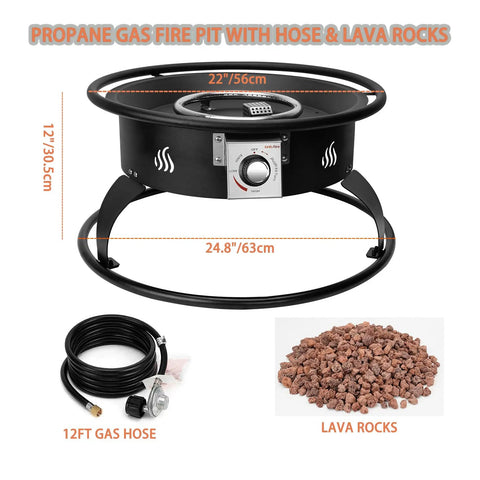 Outdoor Propane Fire Pit 22 Inch Smokeless Portable Fireplace With 12 Foot Hose And Lava Rocks For Patio Backyard Bonfire Camping RV Tailgating Beach Party 55000 BTU, showing fire pit, hose, and lava rocks