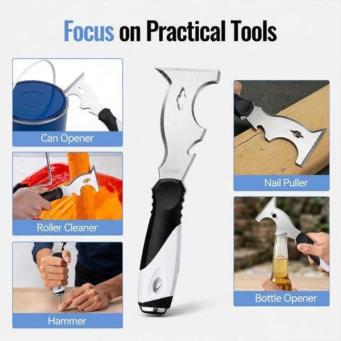 10 In 1 Putty Knife And Paint Scraper Tool With Hammer End, Stainless Steel Blade, Ergonomic PP And TPR Handle, Multi Purpose Home Renovation And Pro Painter Scraping Tool For DIY Projects For Pros And DIYers, multi-tool shown with can opener, nail puller and hammer uses