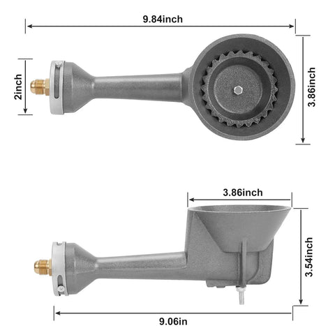 Beefy Cast Iron Propane Burner Head With 20 PSI Regulator And Hose, Heavy-Duty Outdoor Cooking Burner, dimensions shown, brass fittings