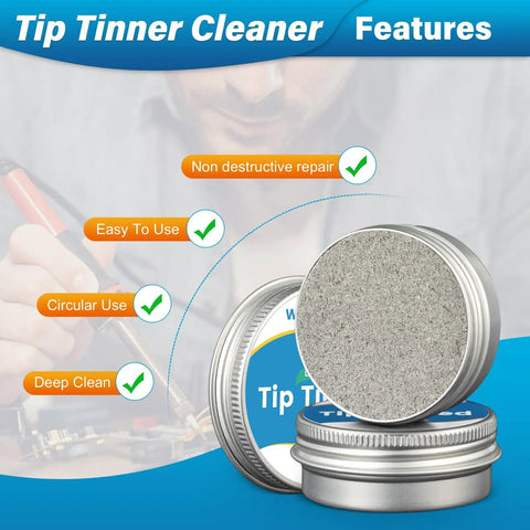 Tip Cleaning Kit With Solder Wick Brass Cleaning Wire Solder Iron Tip Cleaner Cleaning Sponge And Lead Free Flux For Quick PCB Repairs Anti Oxidation Solder Wick With Pro Grade Cleaning Tools Set tin container on display.