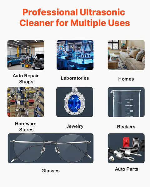 Various uses of Pro Grade Ultrasonic Cleaner 10L 600W Heating Power Deep Clean Forty Kilohertz With Gentle Mode in different settings.