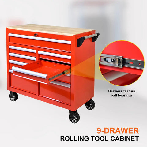 9 Drawer Rolling Tool Chest With Wheels And Wooden Top, 42 Inch Steel Tool Box For Garage, Shop, And Warehouse Red Built Tough Mobile Tool Storage For Heavy Duty Organization And Quick Access, red steel cabinet with drawers open