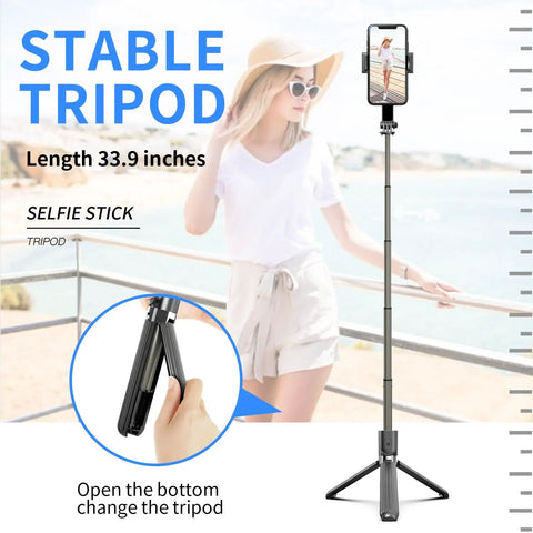 Smartphone Gimbal Stabilizer With Retractable Selfie Stick And Tripod, 1 Axis Remote Control, extended with phone outdoors.