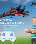 Child using remote with Foam Remote Control RC Planes 2CH 2.4Ghz Awesome Fighter Jet With Lights Easy To Fly, outdoor setting.