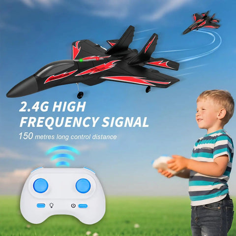 Child using remote with Foam Remote Control RC Planes 2CH 2.4Ghz Awesome Fighter Jet With Lights Easy To Fly, outdoor setting.