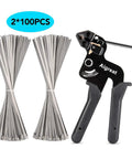 Heavy Duty Metal Tie Wrap Gun Kit With 200 Stainless Steel Cable Ties 4.6x270mm Adjustable Tensioning And Cutting Tool