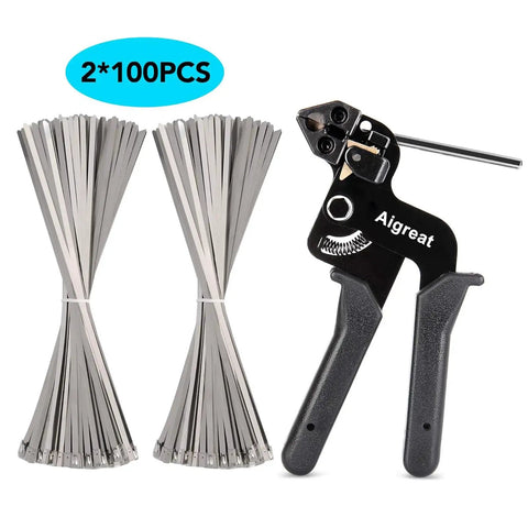 Heavy Duty Metal Tie Wrap Gun Kit With 200 Stainless Steel Cable Ties 4.6x270mm Adjustable Tensioning And Cutting Tool