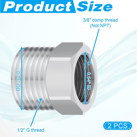 Two plated pipe fittings, front view: 1/2 G male to 3/8 compression female reducer, 2-pack for faucet supply lines