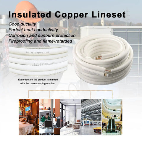 50 Ft Mini Split Line Set With Copper Tubes And Nuts Includes One Quarter Inch And Three Eighths Inch Copper Pipes Thickened PE Insulation Pro Grade Insulated Coil For Air Conditioners HVAC Refrigeration And Heating Equipment in coiled view with insulation details