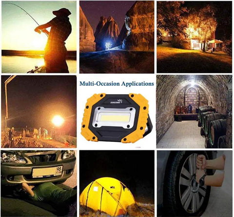 Various uses of the Portable LED Work Light Two Pack Beast Bright AA Battery Powered Flood Lights in different settings.