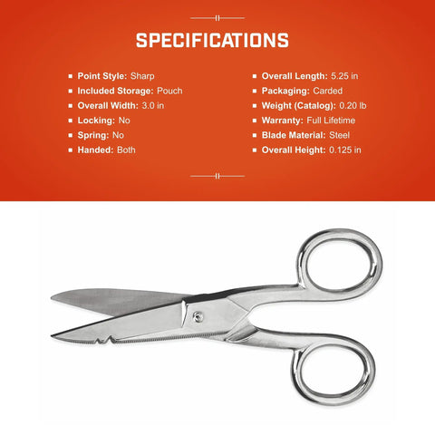 Heavy Duty Five Inch Electrician Scissors With Serrated Bottom Blade And Dual Gauge Stripping Notches For Pro Contractors And Diy Builders, Steel construction.