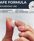 Person holding a silicone wax ear plug for sleep and swim, highlighting hypoallergenic, PVC-free material. Safe for everyday use.