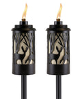 Hunter Metal 64.5 Inch Torch Two Pack For Patio Backyard Lawn Decor Black Finish with cutout deer pattern, lit wicks