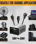 350 Watt Bidirectional Pro Grade Voltage Transformer For 110 To 120V And 220 To 240V with various compatible devices