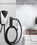 Tesla NACS Electric Vehicle Charger Nozzle Holster Dock And J Hook For Cable Management attached to wall near car