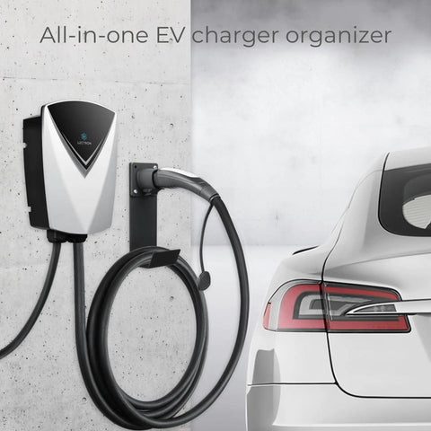 Tesla NACS Electric Vehicle Charger Nozzle Holster Dock And J Hook For Cable Management attached to wall near car