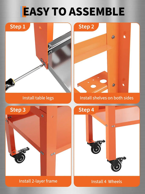 Assembly steps for Robust Mobile Welding Workbench Featuring Perforated Steel Top And Easy Rollin Casters 36 Inch Heavy Duty Shop Table.