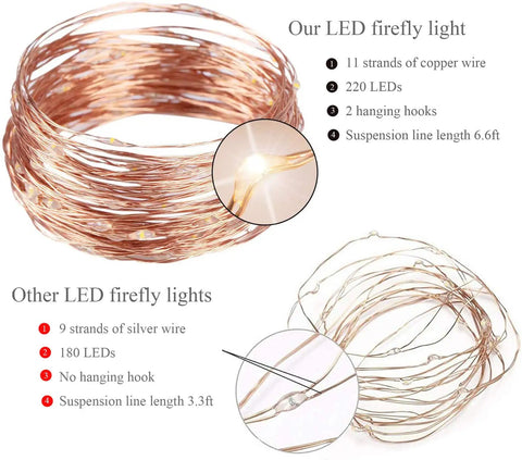 Two Pack 220 LED Firefly String Lights Dope Indoor Outdoor Vibe With 8 Modes Waterproof Copper Wire Waterfall Lights Remote Timer And Hooks Warm White highlighting copper wire and hooks