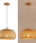 Totally Fresh Handmade Woven Bamboo Pendant Light Fixture Adjustable Boho Basket Hanging Lamp with warm light and braided cord.