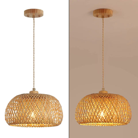Totally Fresh Handmade Woven Bamboo Pendant Light Fixture Adjustable Boho Basket Hanging Lamp with warm light and braided cord.