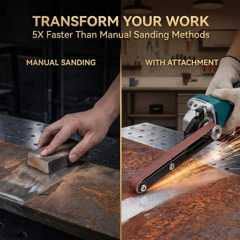 Garage Rat Approved Angle Grinder Belt Sander Adapter Heavy Steel Conversion Kit in use transforming manual sanding to powered sanding.