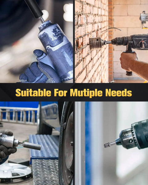 Four scenarios of Impact Grade Socket Adapter Set Three Piece With Bit Holder One Quarter Inch Three Eighths Inch One Half Inch SAE Hex Shank Cr V Heat Treated For Cordless Drill And Screwdriver Heavy Duty Drill Bit Adapters in use