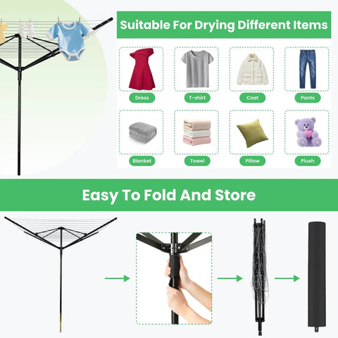 Outdoor Clothes Drying Rack With 4 Aluminum Arms Folding Rotary Dryer 12 Lines Spanning 165 Feet Of Drying Space