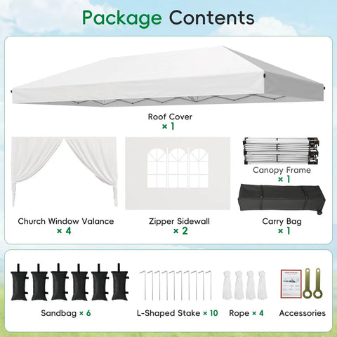 Package contents of 10x20 Pop Up Canopy Tent With 6 Sidewalls Windows And Roller Bag For Outdoor Parties And Events Weddings Camping.