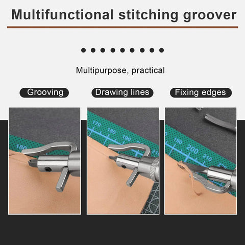7 In 1 Pro Adjustable Stitching Groover Kit For Leathercraft with grooving and edge beveling action close-ups
