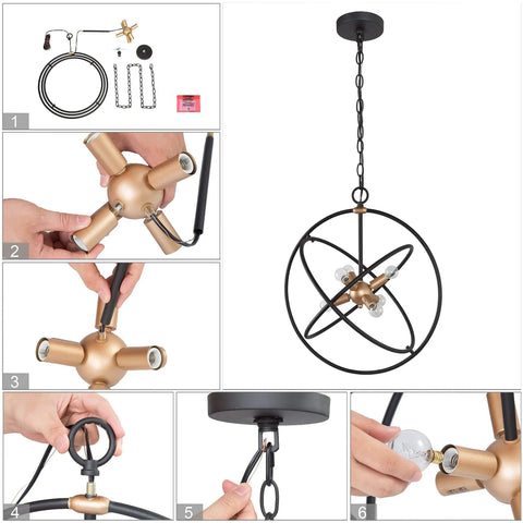 Assembly of Six Light Mid Century Modern Orb Chandelier in Matte Black with Dark Gold Finishes Floating Globe Ceiling Light