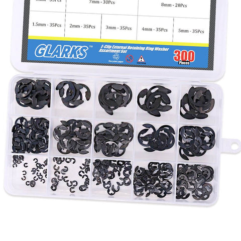 Must Have External E Clip Retaining Ring Washer Assortment Kit in alloy steel, heat treated, 300 piece multi-size set displayed in box