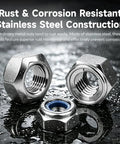Premium Grade Top Shelf M18 2.5mm Hex Lock Nuts With Nylon Inserts 304 Stainless Steel Metric Fasteners 20 Piece displayed in rain.