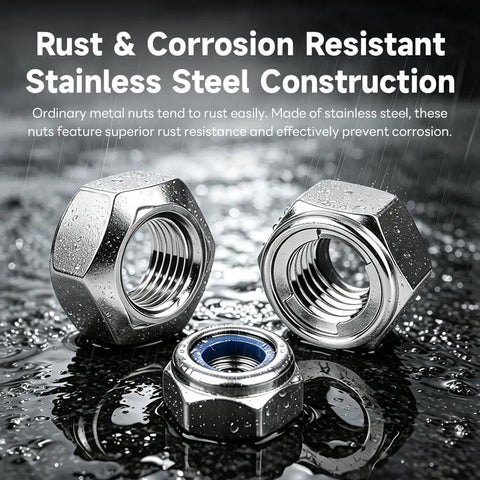Premium Grade Top Shelf M18 2.5mm Hex Lock Nuts With Nylon Inserts 304 Stainless Steel Metric Fasteners 20 Piece displayed in rain.
