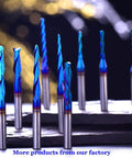 Single Flute Upcut Spiral End Mill For CNC Router Use With NACO Coating For Smooth Plastic Cutting Mirror Finish One Eighth Diameter One Half Inch Cutting Height One Quarter Shank Two Inch Length UT188 displayed with blue-tinted spiral blades.