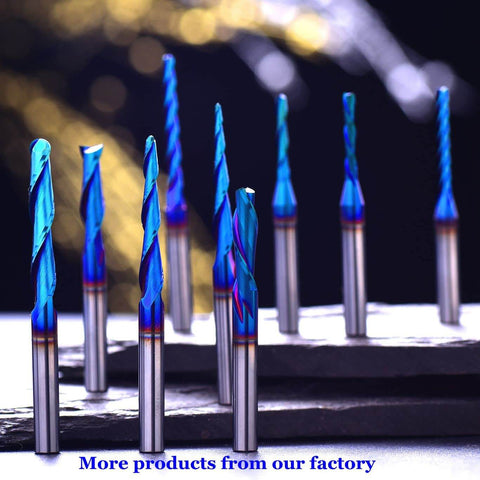 Single Flute Upcut Spiral End Mill For CNC Router Use With NACO Coating For Smooth Plastic Cutting Mirror Finish One Eighth Diameter One Half Inch Cutting Height One Quarter Shank Two Inch Length UT188 displayed with blue-tinted spiral blades.