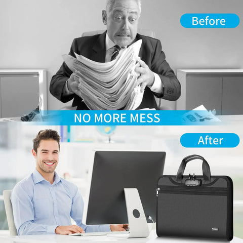Comparison of desk organization before and after using Fireproof Accordion File Organizer With Lock And Handle 13 Pocket Expanding File Binder