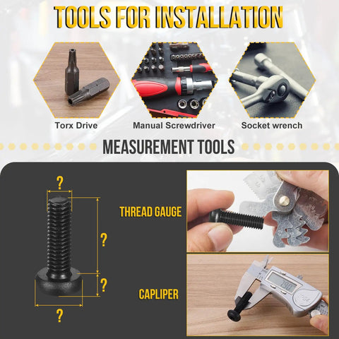 Tools for installation including Torx drive, manual screwdriver, and caliper for 30 Pack M6 X 20 Millimeter Pan Head Torx Security Screws Black Carbon Steel T30 Drive Machine Fasteners.