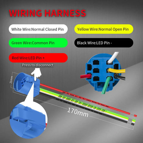 Wiring diagram for 12V Waterproof 22mm Latching Push Button Switch With Blue LED, showing wire colors and connections.