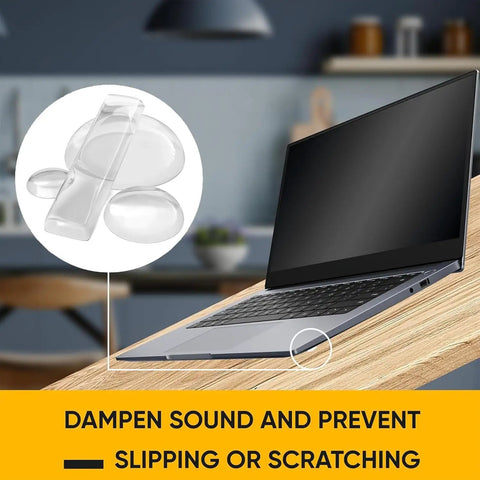 Ditch The Noisy Door Slams With These Clear Silicone Cabinet Bumpers, Self Adhesive Anti Bang Pads For Quieter Drawers And Furniture, 128 Tranquil Home Upgrade Pack on a laptop surface.