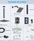Package contents of Matte Black Shower System With Push Button Diverter Easy Install Three Mode Rainfall Ceiling Mount 10 Inch
