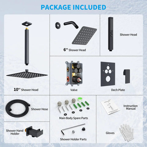 Package contents of Matte Black Shower System With Push Button Diverter Easy Install Three Mode Rainfall Ceiling Mount 10 Inch
