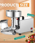 Heavy Duty Commercial Electric Tomato Strainer With Stainless Steel Food Press for jam and sauce, showing product size and details.