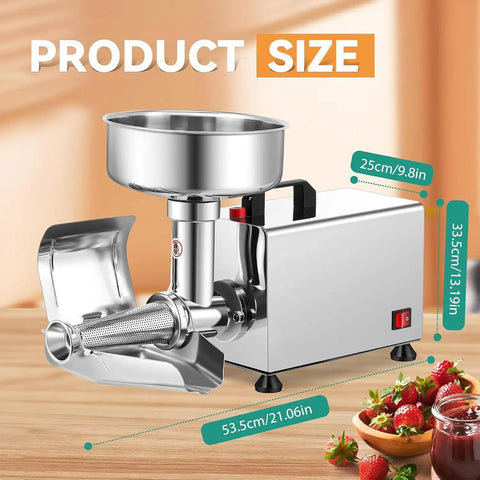 Heavy Duty Commercial Electric Tomato Strainer With Stainless Steel Food Press for jam and sauce, showing product size and details.