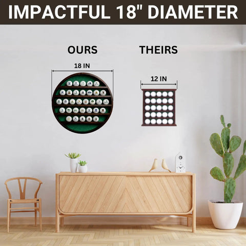 18-inch 32 Ball Golf Display Case Wall Mounted Moon Shelf in Dark Brown Finish on wall in living room comparison