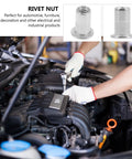 Flat Head Rivet Nuts With Knurled Bodies Stainless Steel 40 Piece Pro Grade Threaded Rivet Nut Kit used in automotive setting
