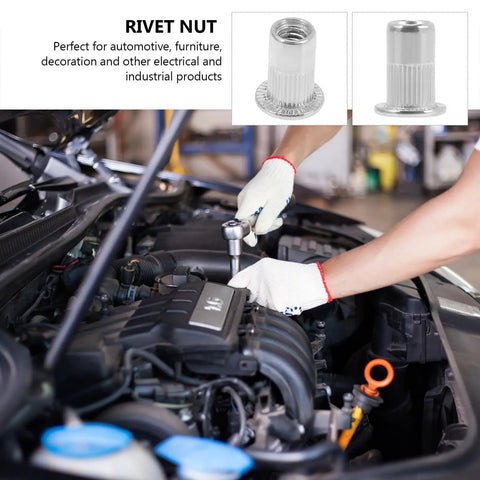 Flat Head Rivet Nuts With Knurled Bodies Stainless Steel 40 Piece Pro Grade Threaded Rivet Nut Kit used in automotive setting