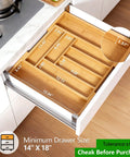 Open kitchen drawer with Expandable Bamboo Silverware Drawer Organizer With Adjustable Compartments, showing size measurements.