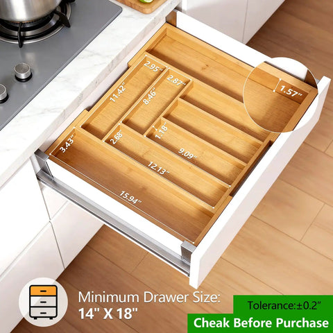 Open kitchen drawer with Expandable Bamboo Silverware Drawer Organizer With Adjustable Compartments, showing size measurements.